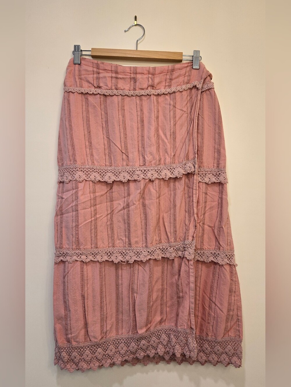 April Cornell Dusty Pink Striped Lace Wrap Around Maxi Skirt - L